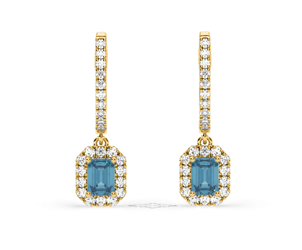 Annabelle Blue Lab Diamond 1.48ct Emerald Cut Halo Earrings in 18K Yellow Gold - Elara Collection - 360 View