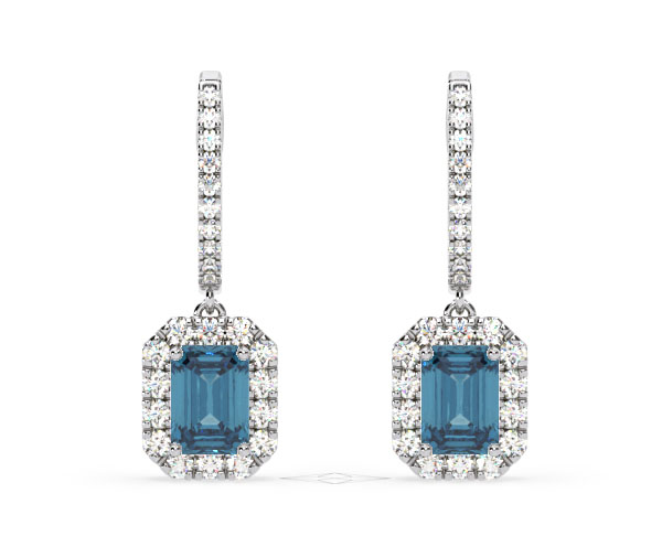 Annabelle Blue Lab Diamond 2.78ct Emerald Cut Halo Earrings in 18K White Gold - Elara Collection - 360 View