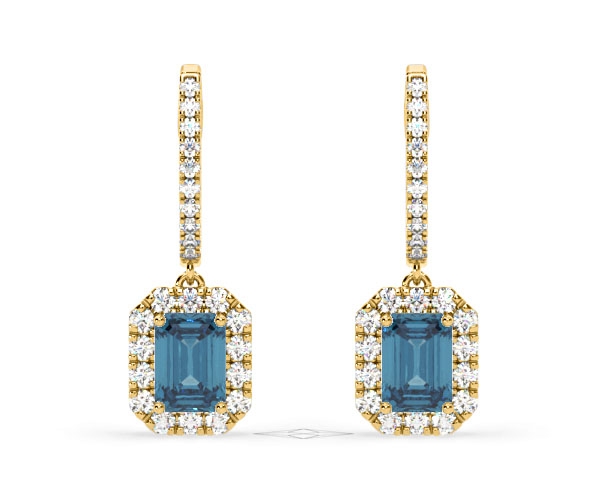 Annabelle Blue Lab Diamond 2.78ct Emerald Cut Halo Earrings in 18K Yellow Gold - Elara Collection - 360 View