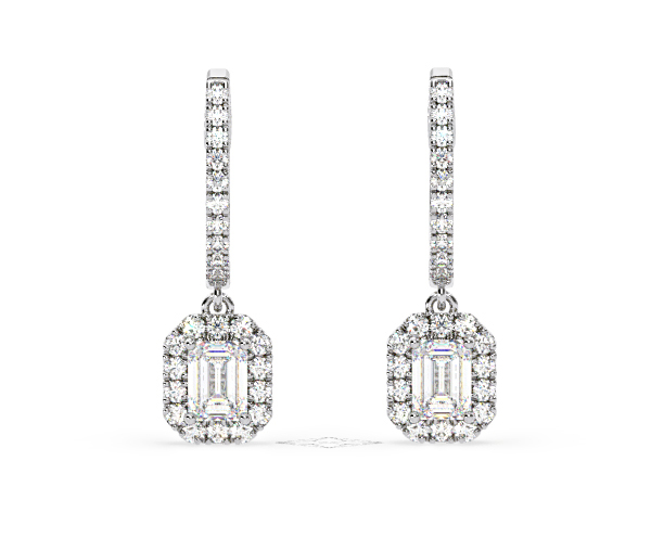 Annabelle Emerald Cut Lab Diamond Halo Drop Earrings 1.48ct in 18K White Gold F/VS1 - 360 View