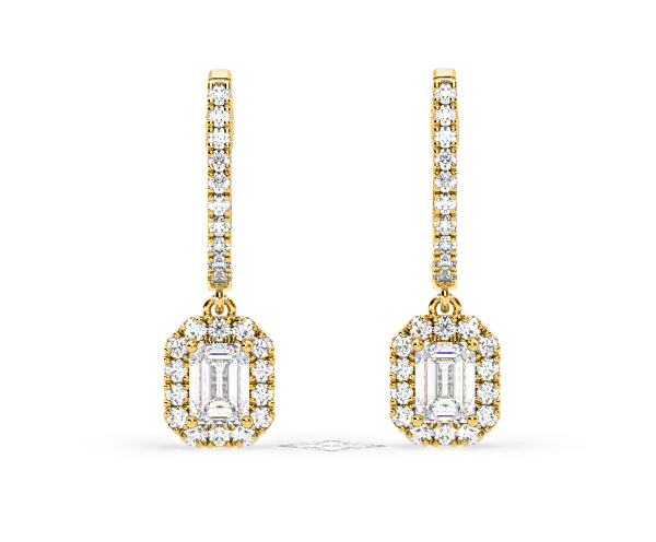 Annabelle Emerald Cut Lab Diamond Halo Drop Earrings 1.48ct in 18K Yellow Gold F/VS1 - 360 View