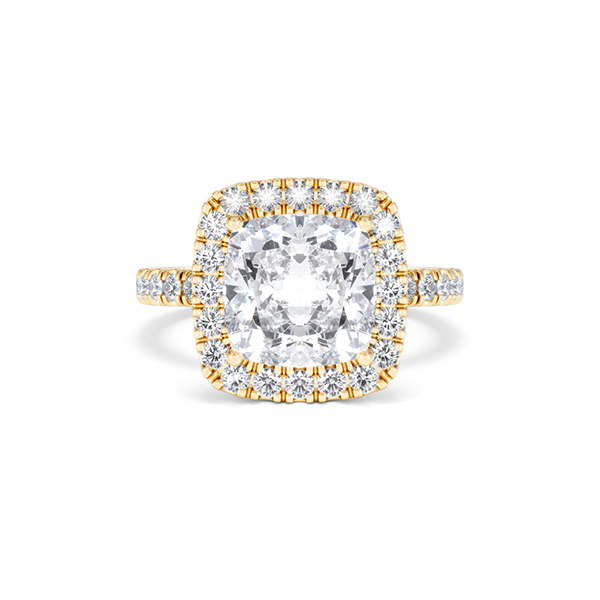 Beatrice 3.55ct Lab Diamond Cushion Cut Engagement Ring in 18K Yellow Gold G/VS1 - 360 View