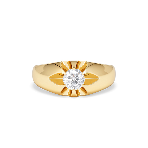 Lab Diamond Carved Signet Ring 0.50ct Round Cut in 18K Gold Vermeil - 360 View