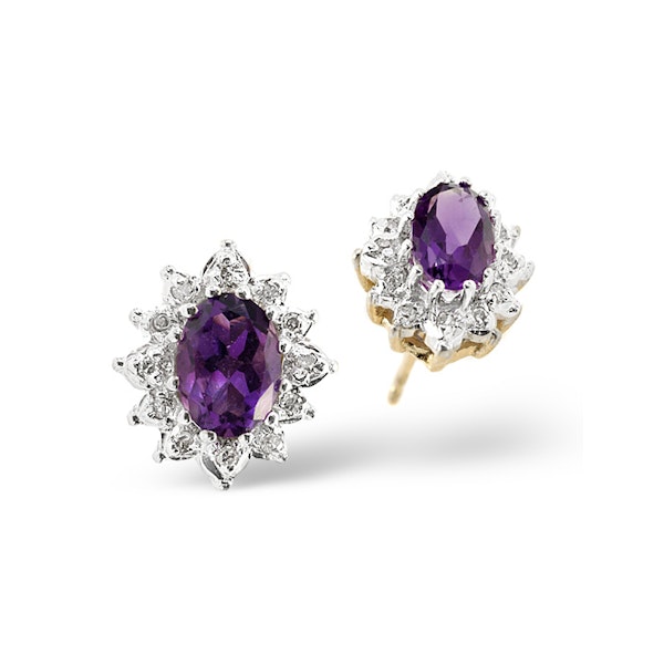 Amethyst 6 x 4mm And Diamond Cluster 9K Yellow Gold Earrings - Image 1