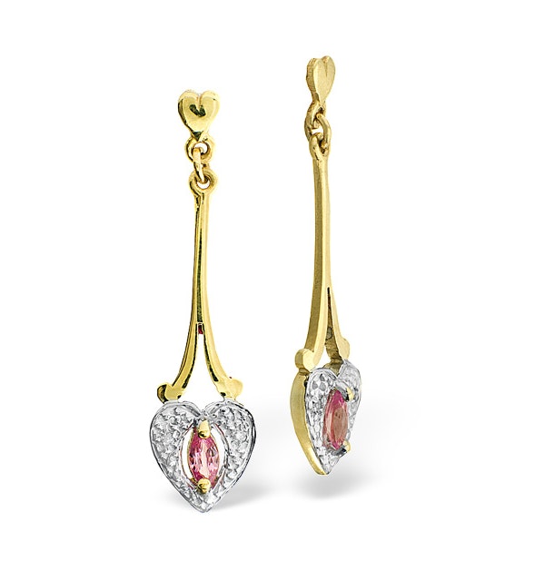 Pink Sapphire 5 X 3mm and Diamond 9K Yellow Gold Earrings B3665 - image 1