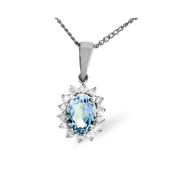 Blue Topaz 7 x 5mm And Diamond 9K White Gold Pendant Necklace - Image 1