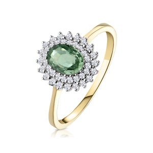 Green Sapphire 7 x 5mm And Diamond 9K Yellow Gold Ring SIZES AVAILABLE L Q