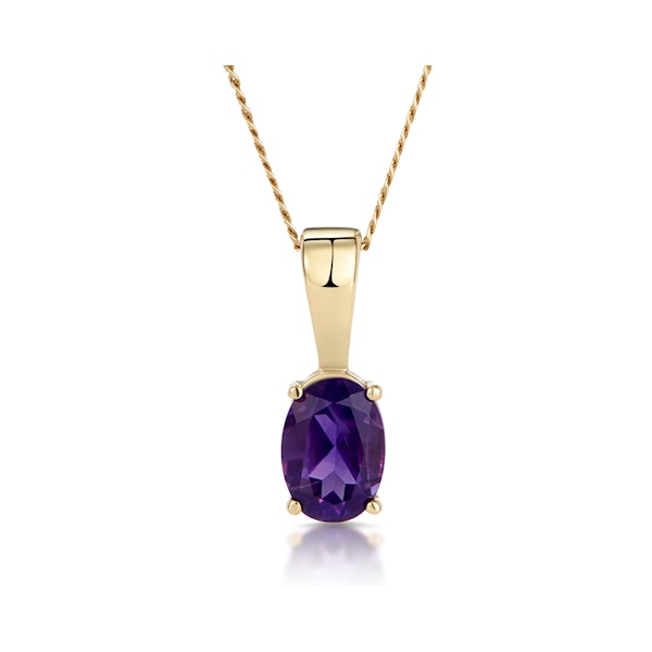 Amethyst 7 x 5mm 9K Yellow Gold Pendant Necklace - Image 1