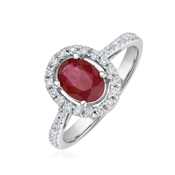 Ruby and Diamond Halo Ring Set in 18K White Gold - Image 1