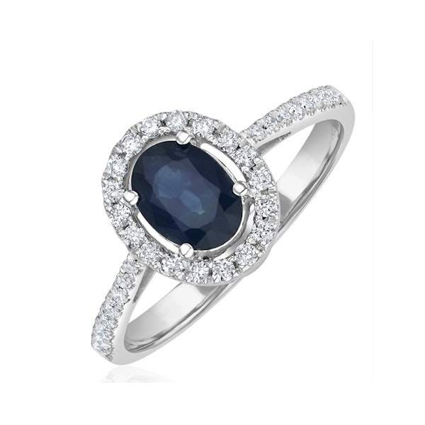 Blue Sapphire and Diamond Halo Ring Set in 18K White Gold - Image 1