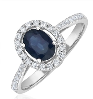Blue Sapphire and Diamond Halo Ring Set in 18K White Gold