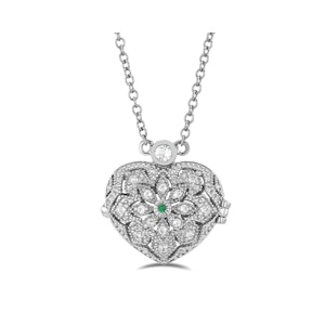 Emerald May Birthstone Vintage Locket Necklace White Topaz in Silver