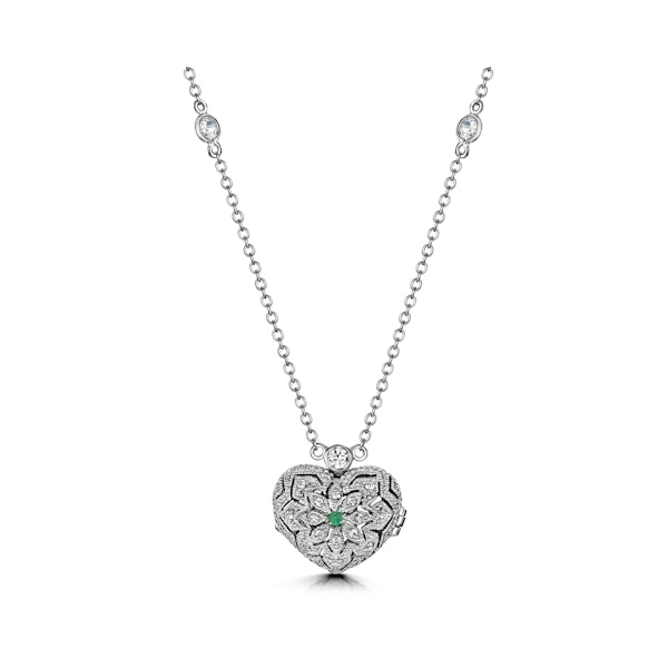 Emerald May Birthstone Vintage Locket Necklace White Topaz in Silver - Image 1