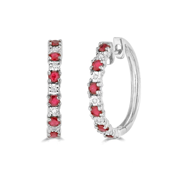 Ruby and Lab Diamond Hoop Earrings Stellato Collection in 925 Silver - Image 1