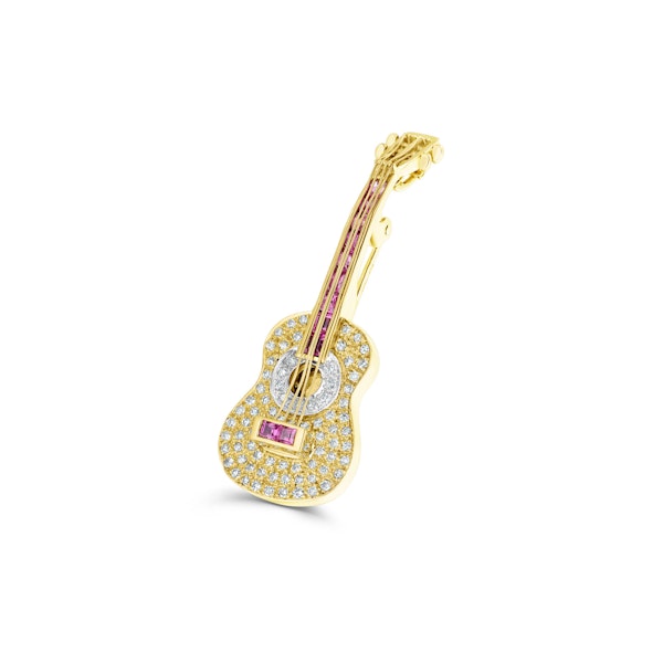 18K Gold Pave Diamond and Ruby Guitar Brooch - Pendant - Image 2