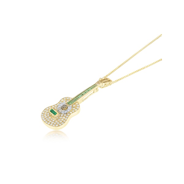 18K Gold Pave Diamond and Emerald Guitar Brooch - Pendant - Image 3
