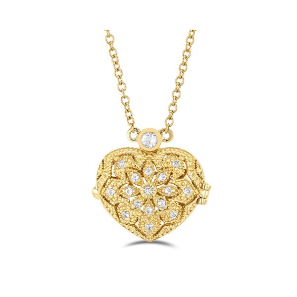 Vintage Heart Locket Lab Diamond Necklace White Topaz in 18K Gold Vermeil - Image 1