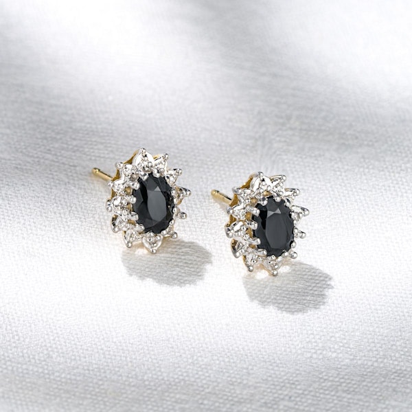Sapphire 6mm x 4mm And Diamond Cluster 9K Yellow Gold Earrings - Image 5