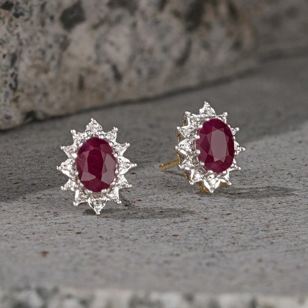 Ruby 6 x 4mm And Diamond Cluster 9K Yellow Gold Earrings - Image 2