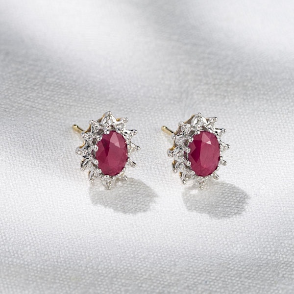 Ruby 6 x 4mm And Diamond Cluster 9K Yellow Gold Earrings - Image 4