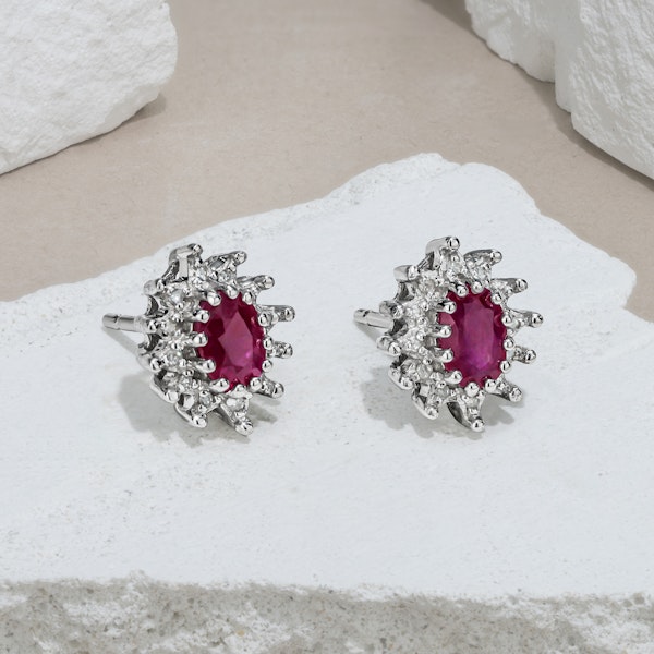 Ruby 6 x 4mm And Diamond Cluster 925 Sterling Silver Earrings - Image 2