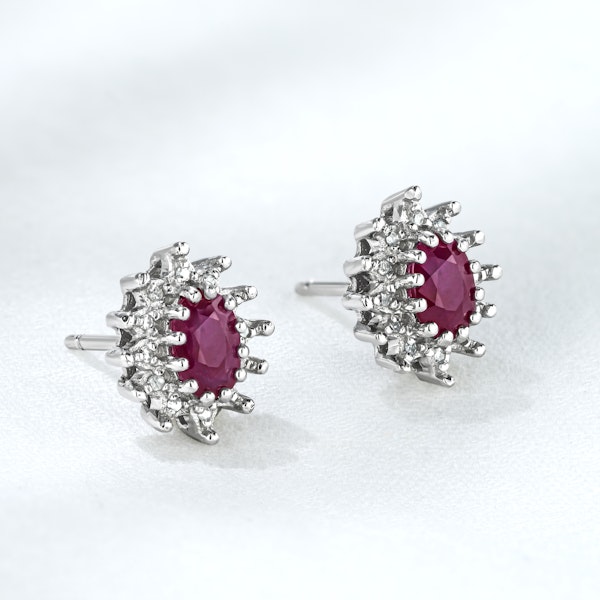 Ruby 6 x 4mm And Diamond Cluster 925 Sterling Silver Earrings - Image 4