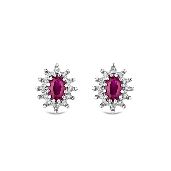 Ruby 6 x 4mm And Diamond Cluster 925 Sterling Silver Earrings - Image 1