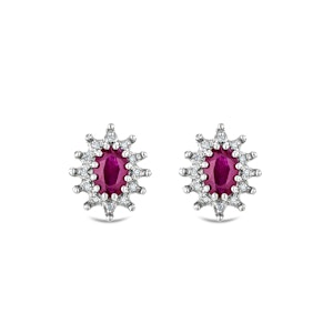 Ruby 6 x 4mm And Diamond Cluster 925 Sterling Silver Earrings