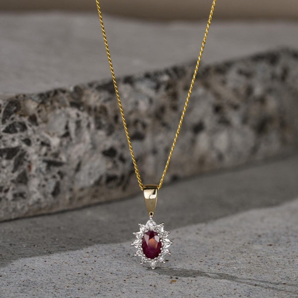 Ruby 6 x 4mm And Diamond 9K Yellow Gold Pendant Necklace - Image 4