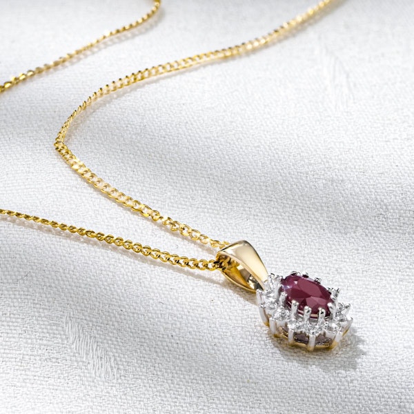 Ruby 6 x 4mm And Diamond 9K Yellow Gold Pendant Necklace - Image 5