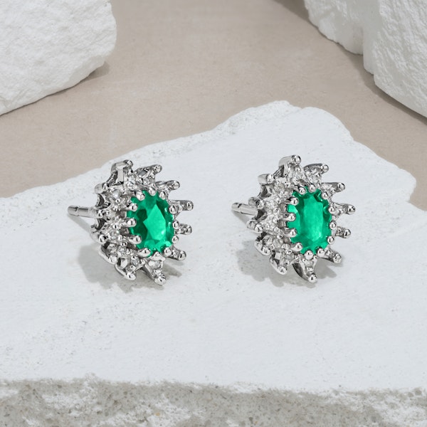 Emerald 6 x 4mm And Diamond Cluster 925 Sterling Silver Earrings - Image 2