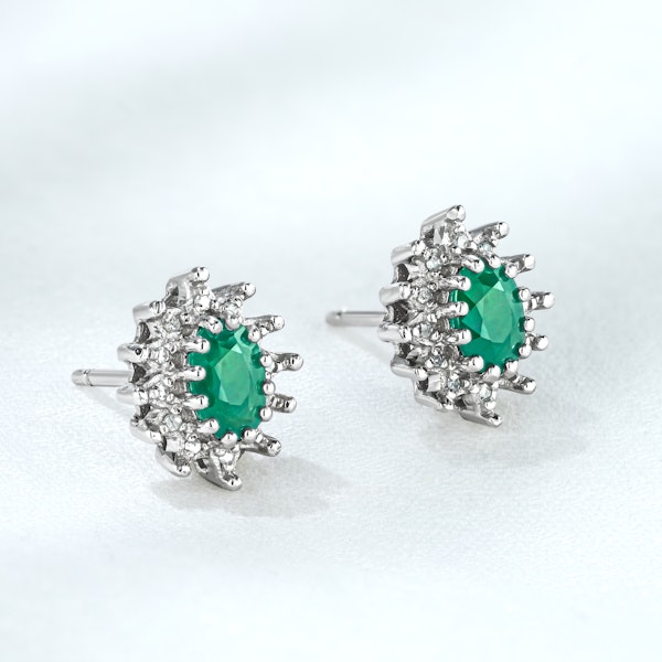 Emerald 6 x 4mm And Diamond Cluster 925 Sterling Silver Earrings - Image 4