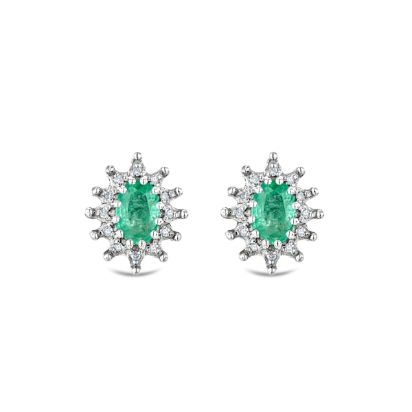 Emerald 6 x 4mm And Diamond Cluster 925 Sterling Silver Earrings - Image 1