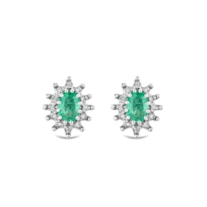 Emerald 6 x 4mm And Diamond Cluster 925 Sterling Silver Earrings