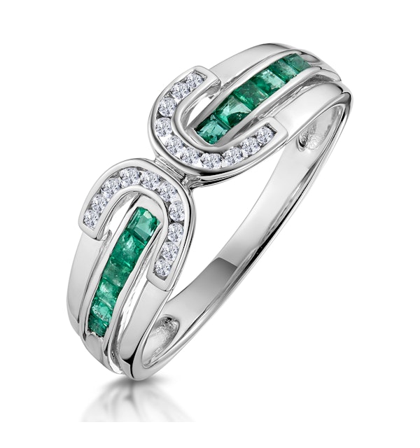 Emerald And 0.12CT Diamond Ring 9K White Gold - image 1