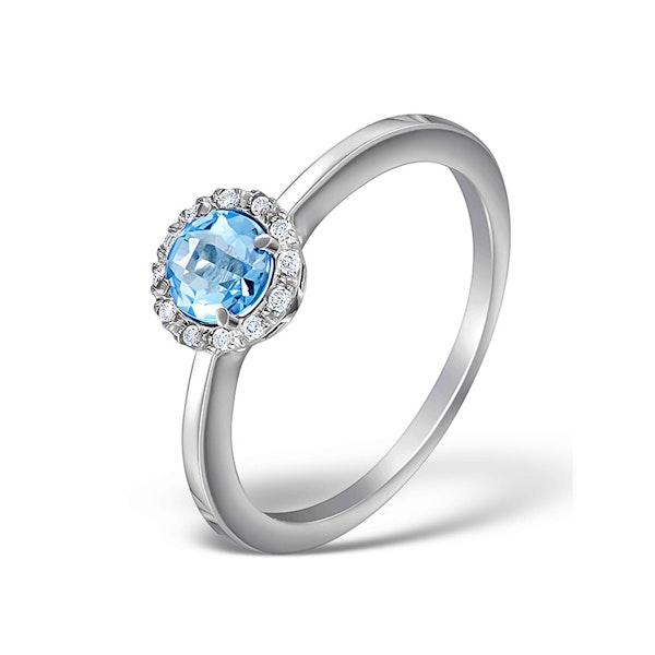Blue Topaz 7mm And Diamond Ring 9K White Gold SIZE M - Image 1
