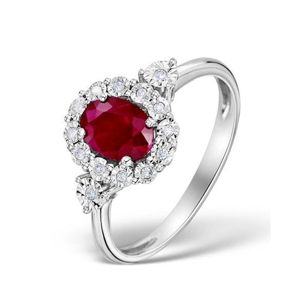 Ruby 7 x 5mm and Diamond 9K White Gold Ring - Image 1