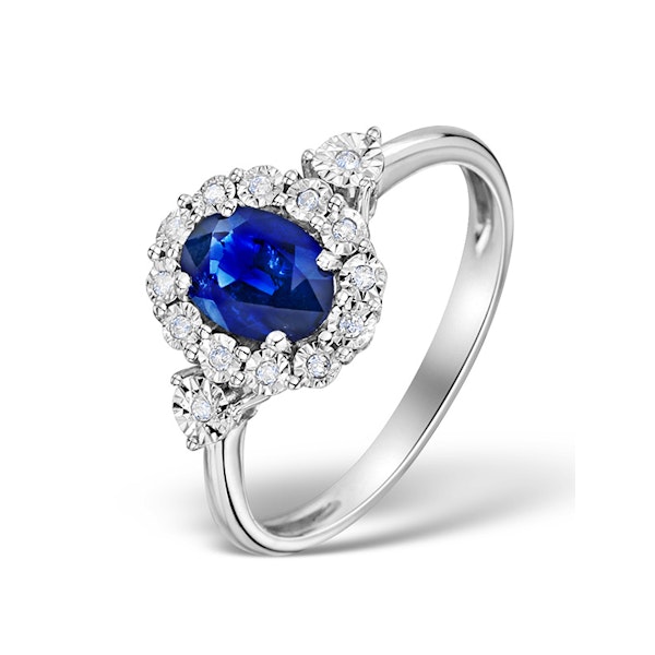 Sapphire 7 x 5mm and Diamond 9K White Gold Ring - Image 1