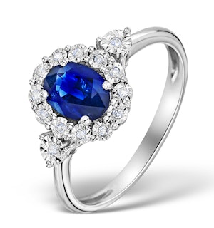 Sapphire 7 x 5mm and Diamond 9K White Gold Ring