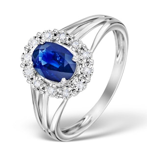 Sapphire 7 x 5mm and Diamond 9K White Gold Ring - SIZE L