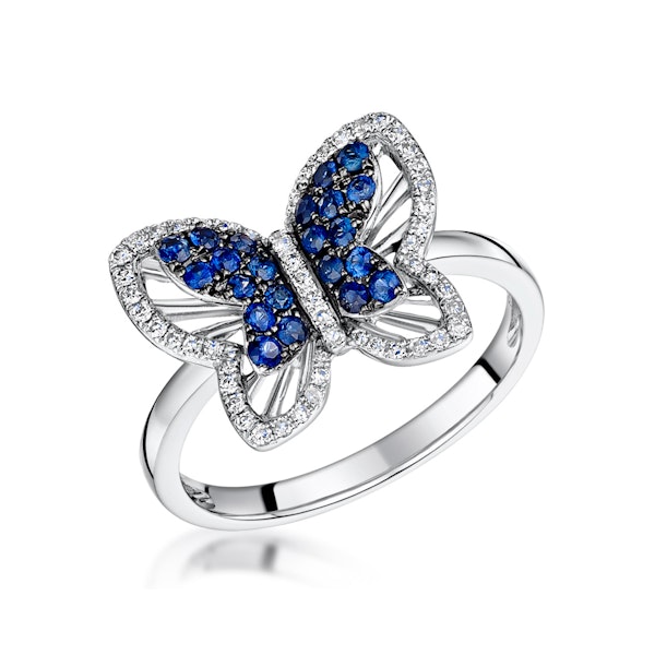 Stellato Collection Sapphire and Diamond Butterfly Ring 9K White Gold - Image 1