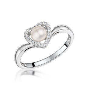 Stellato Collection Pearl and Diamond Heart Ring in 9K White Gold SIZE R
