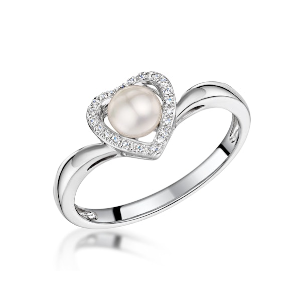Stellato Collection Pearl and Diamond Heart Ring in 9K White Gold SIZE R - Image 1