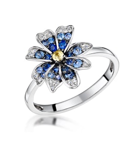 Blue Sapphire Yellow Sapphire and Diamond Stellato Ring 9K White Gold