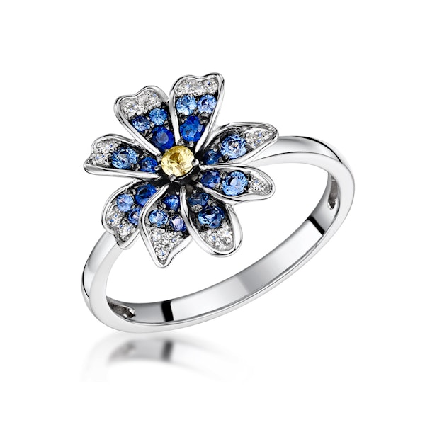Blue Sapphire Yellow Sapphire and Diamond Stellato Ring 9K White Gold - Image 1