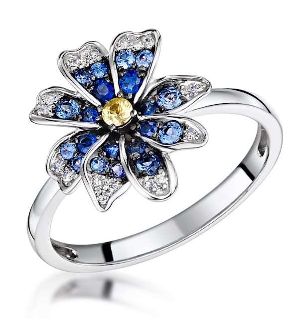 Blue Sapphire Yellow Sapphire and Diamond Stellato Ring 9K White Gold - image 1