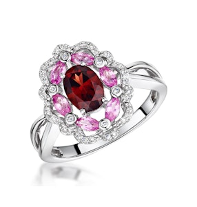 Garnet Pink Sapphire and Diamond Stellato Ring 0.14ct in 9K White Gold SIZES AVAILABLE L