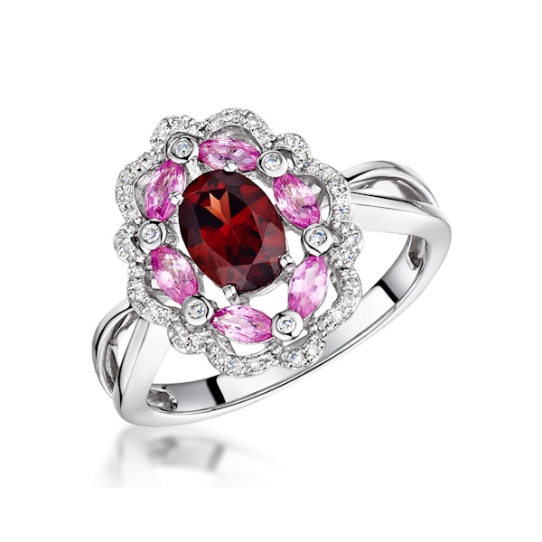 Garnet Pink Sapphire and Diamond Stellato Ring 0.14ct in 9K White Gold SIZES AVAILABLE L - Image 1