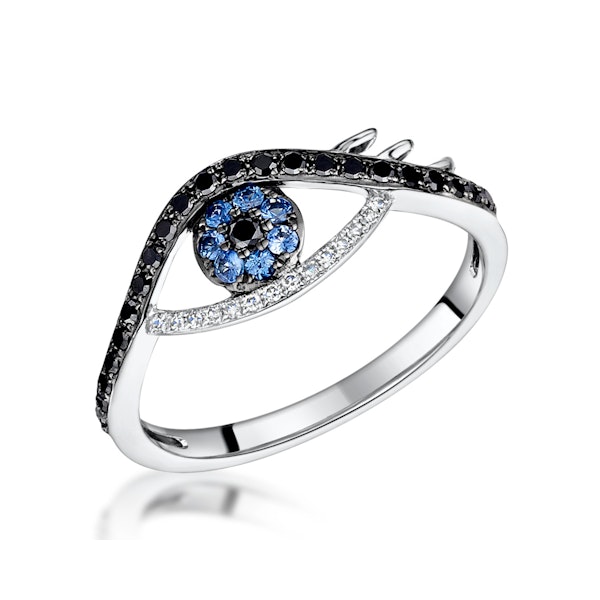 Black Diamond Sapphire Evil Eye Hamsa Stellato Ring in 9K White Gold - Image 1