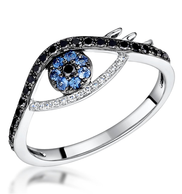 Black Diamond Sapphire Evil Eye Hamsa Stellato Ring in 9K White Gold - image 1